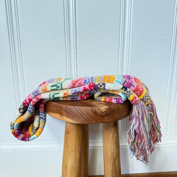 Vintage GAP 100% Wool Multicolor Patterned Fringe Throw Scarf - Picture 7 of 7